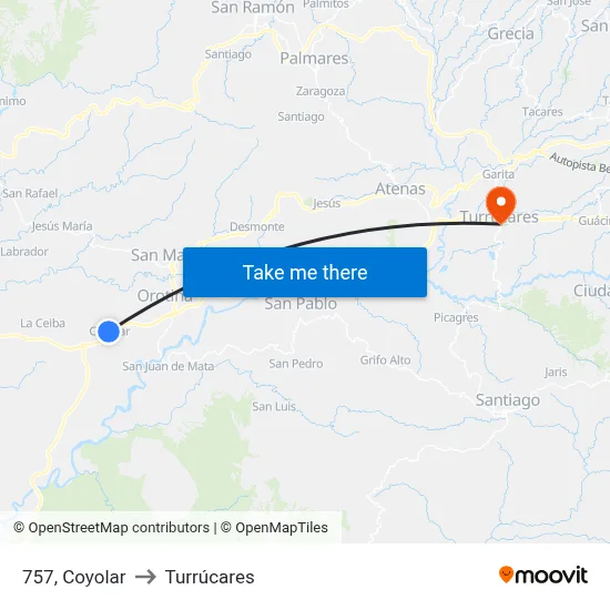 757, Coyolar to Turrúcares map