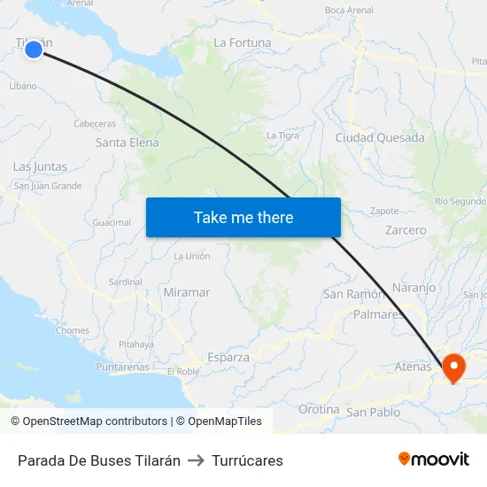 Parada De Buses Tilarán to Turrúcares map