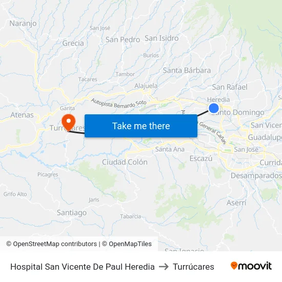 Hospital San Vicente De Paul Heredia to Turrúcares map