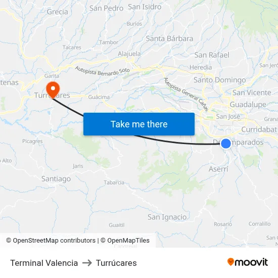Terminal Valencia to Turrúcares map