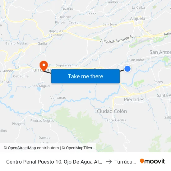 Centro Penal Puesto 10, Ojo De Agua Alajuela to Turrúcares map
