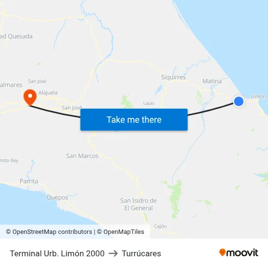 Terminal Urb. Limón 2000 to Turrúcares map