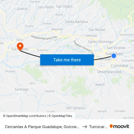 Cercanías A Parque Guadalupe, Goicoechea to Turrúcares map