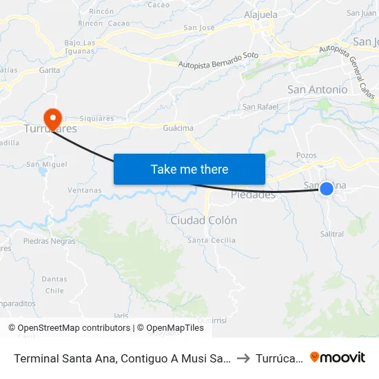 Terminal Santa Ana, Contiguo A Musi Santa Ana to Turrúcares map