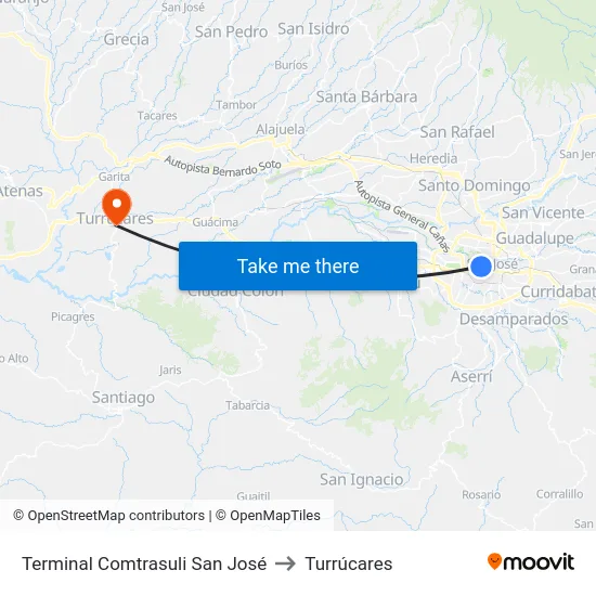 Terminal Comtrasuli San José to Turrúcares map