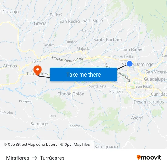 Miraflores to Turrúcares map