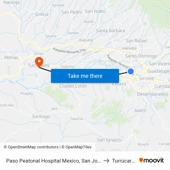 Paso Peatonal Hospital Mexico, San José to Turrúcares map