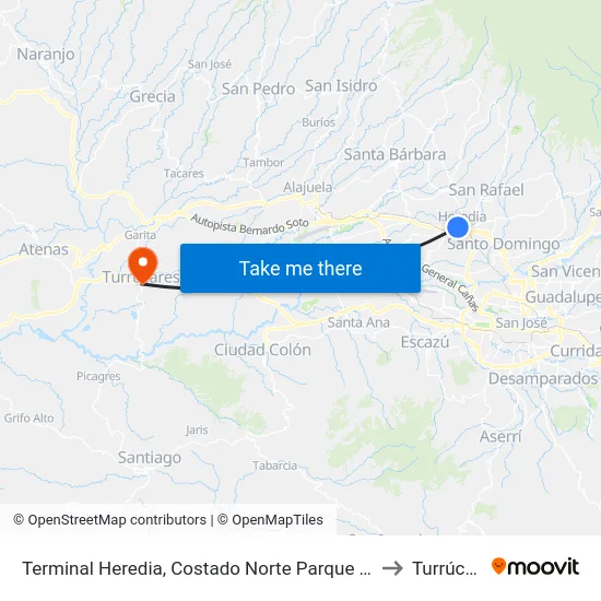Terminal Heredia, Costado Norte Parque Los Ángeles to Turrúcares map