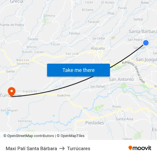 Maxi Palí Santa Bárbara to Turrúcares map