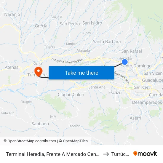 Terminal Heredia, Frente A Mercado Central Heredia to Turrúcares map