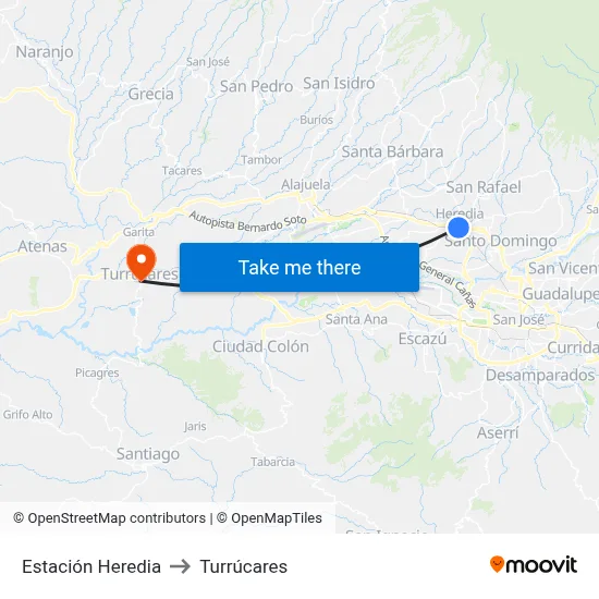 Estación Heredia to Turrúcares map