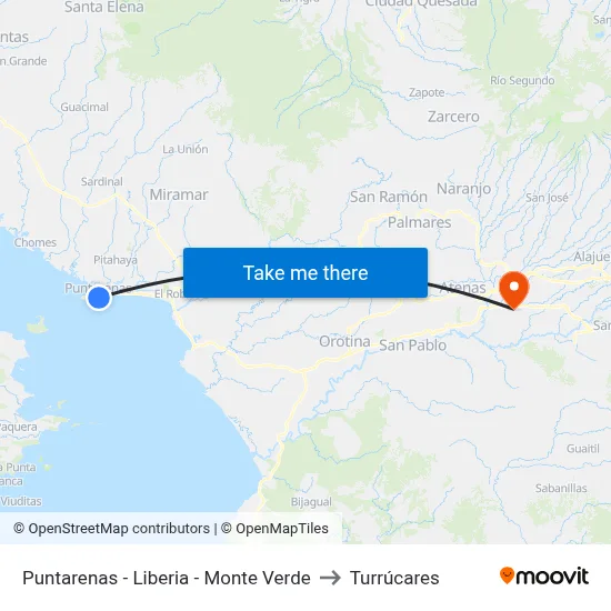 Puntarenas - Liberia - Monte Verde to Turrúcares map