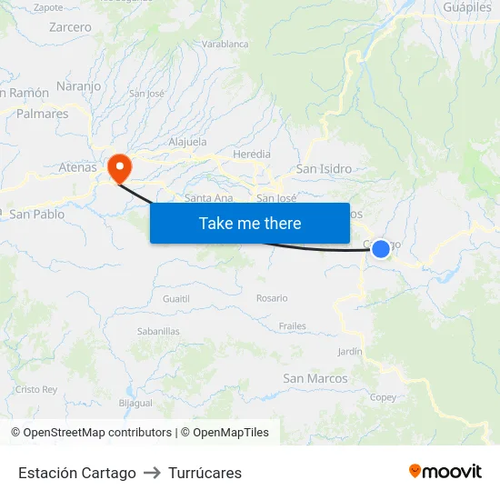 Estación Cartago to Turrúcares map