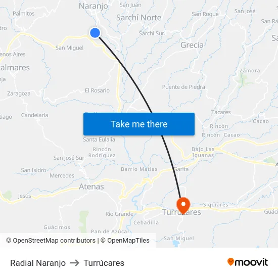 Radial Naranjo to Turrúcares map