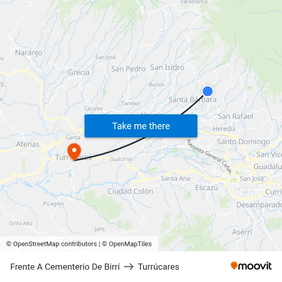 Frente A Cementerio De Birrí to Turrúcares map