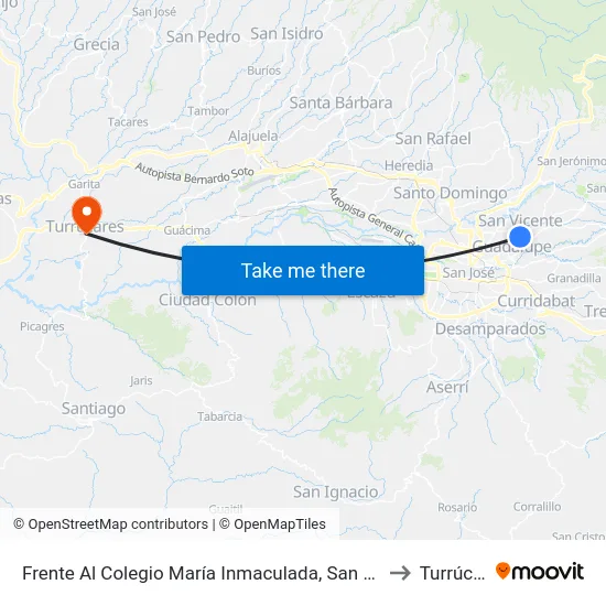 Frente Al Colegio María Inmaculada, San Vicente Moravia to Turrúcares map