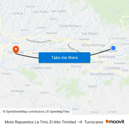 Moto Repuestos La Trini, El Alto Trinidad to Turrúcares map