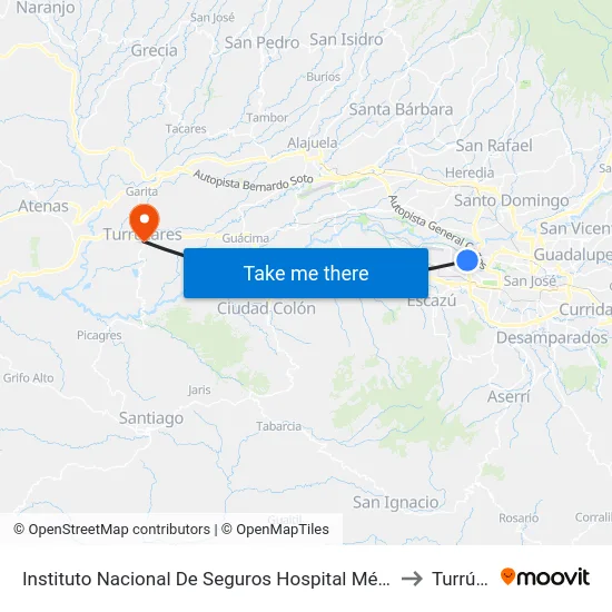 Instituto Nacional De Seguros Hospital México, La Uruca San José to Turrúcares map