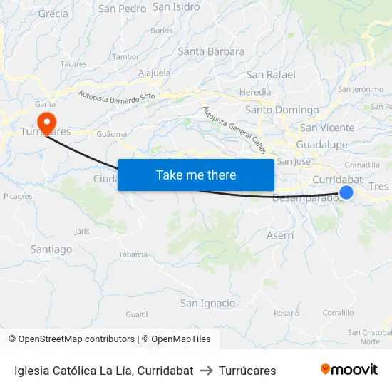 Iglesia Católica La Lía, Curridabat to Turrúcares map