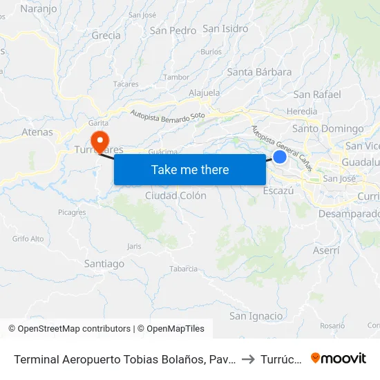 Terminal Aeropuerto Tobias Bolaños, Pavas San José to Turrúcares map