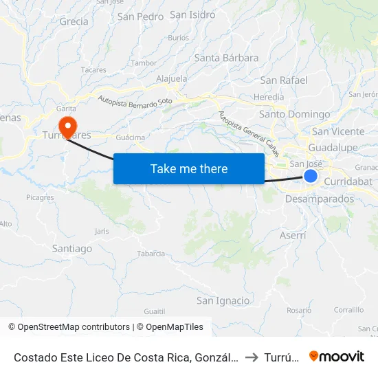 Costado Este Liceo De Costa Rica, González Víquez San José to Turrúcares map