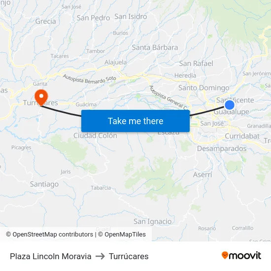 Plaza Lincoln Moravia to Turrúcares map