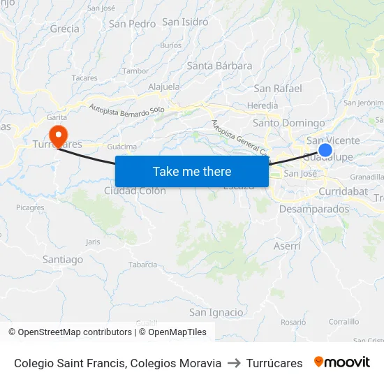 Colegio Saint Francis, Colegios Moravia to Turrúcares map