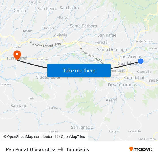 Palí Purral, Goicoechea to Turrúcares map