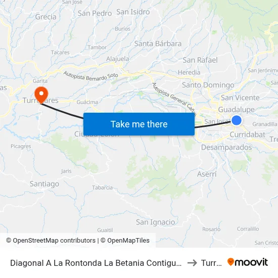 Diagonal A La Rontonda La Betania Contiguo A Facultad Letras Ucr, Montes De Oca to Turrúcares map