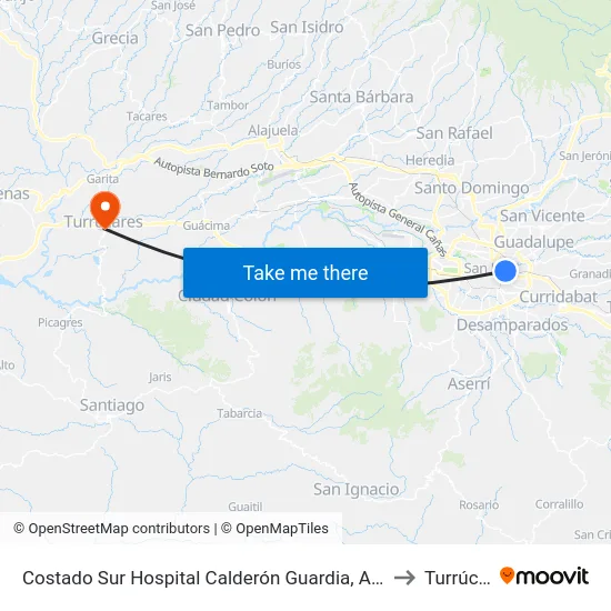 Costado Sur Hospital Calderón Guardia, Aranjuez San José to Turrúcares map