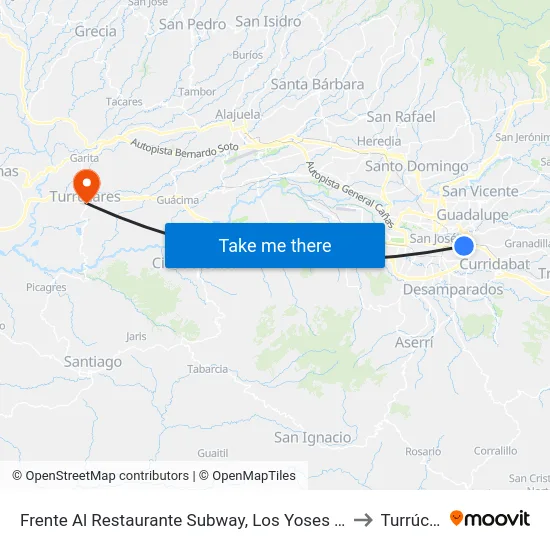 Frente Al Restaurante Subway, Los Yoses Montes De Oca to Turrúcares map