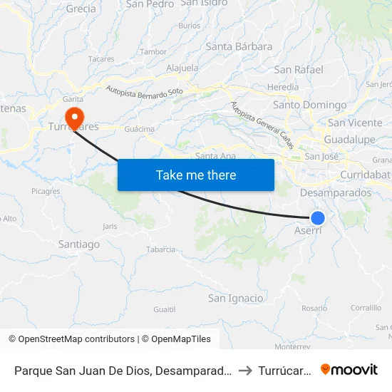 Parque San Juan De Dios, Desamparados to Turrúcares map