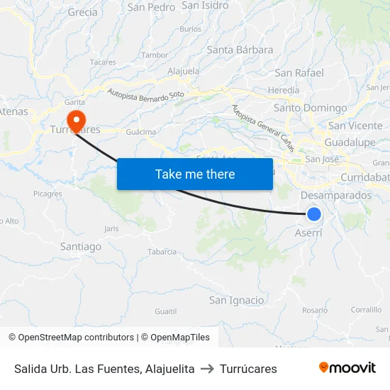 Salida Urb. Las Fuentes, Alajuelita to Turrúcares map