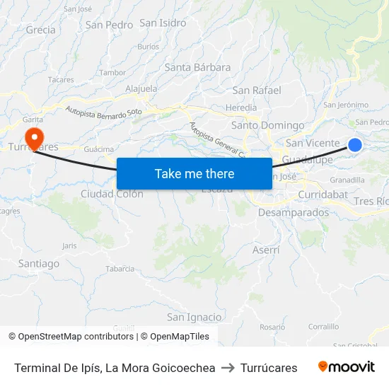Terminal De Ipís, La Mora Goicoechea to Turrúcares map