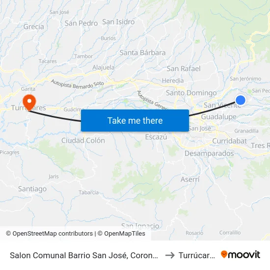 Salon Comunal Barrio San José, Coronado to Turrúcares map