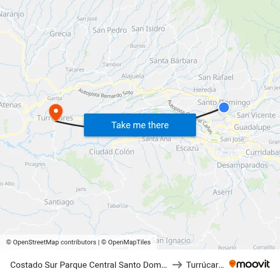 Costado Sur Parque Central Santo Domingo to Turrúcares map