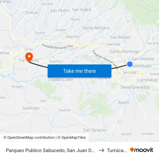 Parqueo Publico Sabucedo, San Juan De Tibás to Turrúcares map