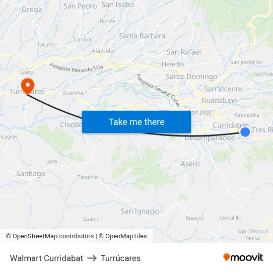 Walmart Curridabat to Turrúcares map