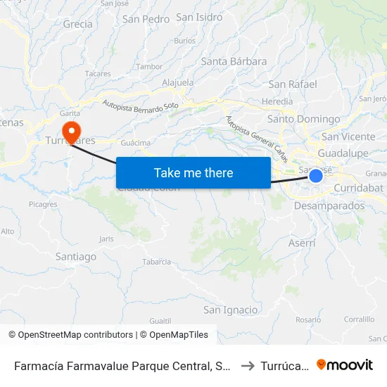 Farmacía Farmavalue Parque Central, San José to Turrúcares map