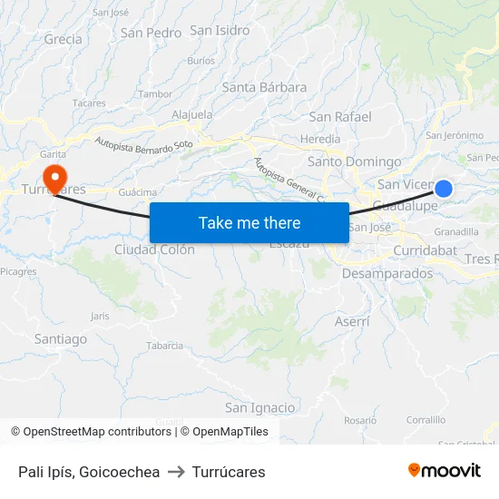 Pali Ipís, Goicoechea to Turrúcares map