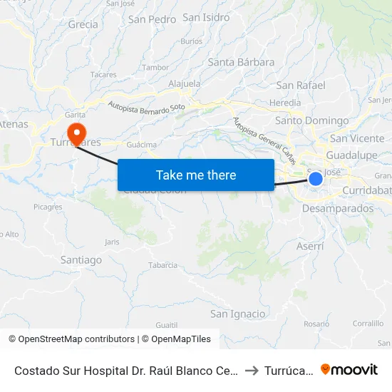 Costado Sur Hospital Dr. Raúl Blanco Cervantes to Turrúcares map