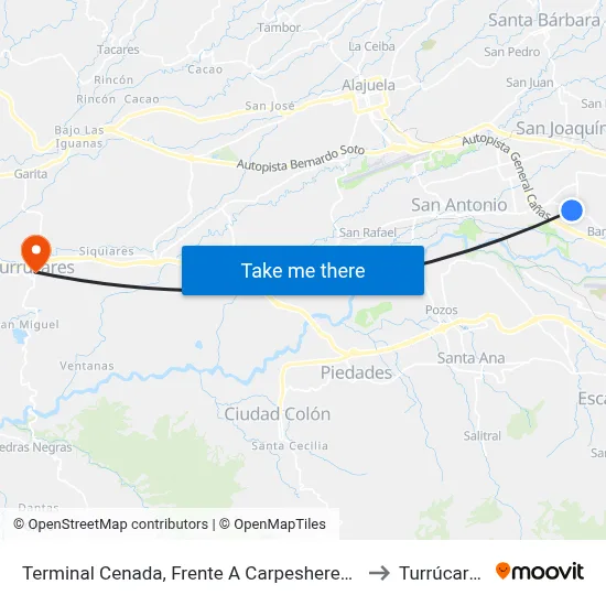Terminal Cenada, Frente A Carpesheredia to Turrúcares map