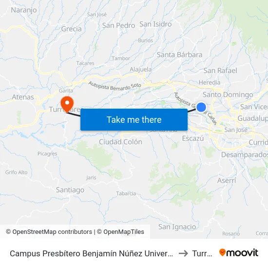 Campus Presbítero Benjamín Núñez Universidad Nacional, Lagunilla Heredia to Turrúcares map