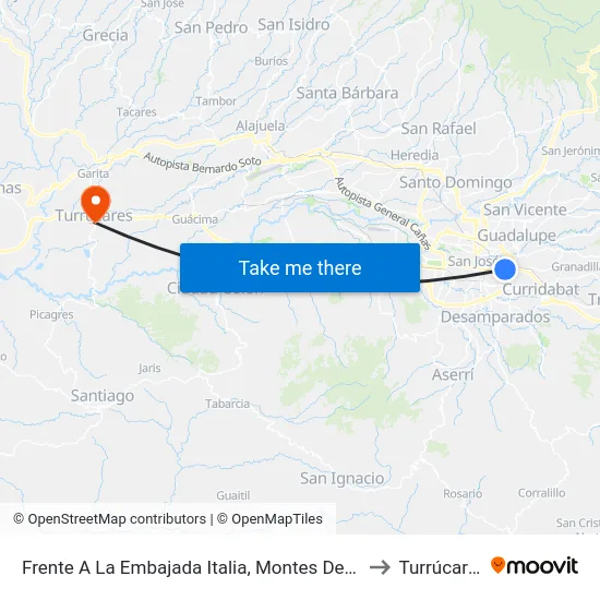 Frente A La Embajada Italia, Montes De Oca to Turrúcares map