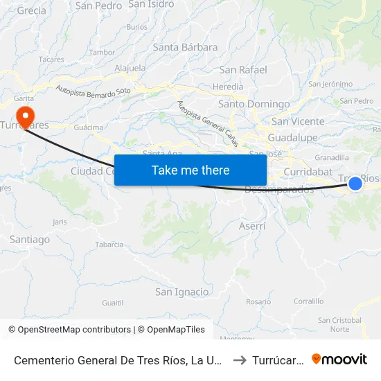 Cementerio General De Tres Ríos, La Unión to Turrúcares map