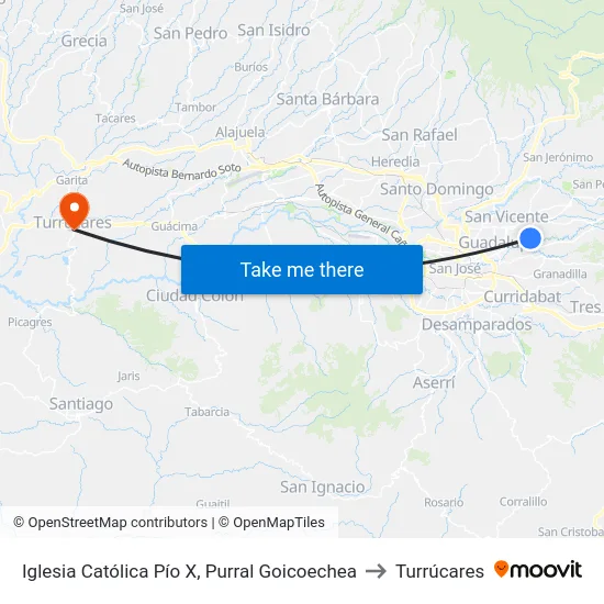Iglesia Católica Pío X, Purral Goicoechea to Turrúcares map