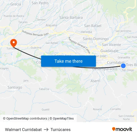 Walmart Curridabat to Turrúcares map