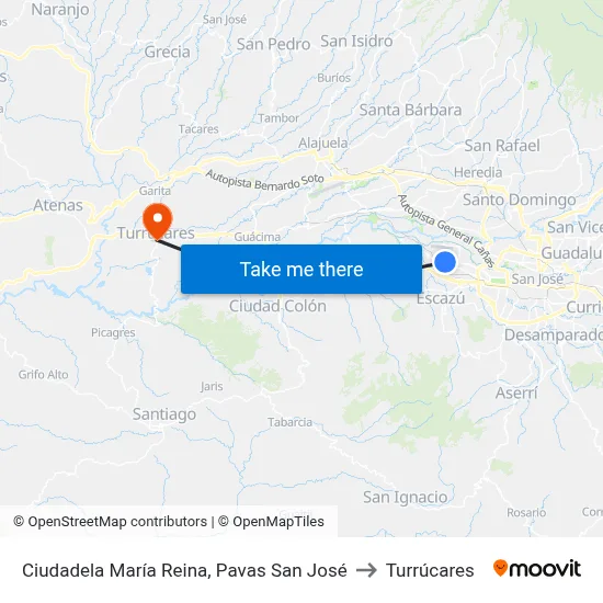 Ciudadela María Reina, Pavas San José to Turrúcares map