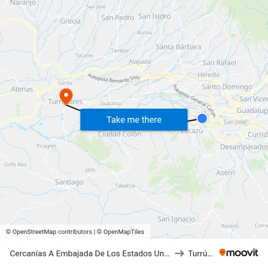 Cercanías A Embajada De Los Estados Unidos, Pavas San José to Turrúcares map