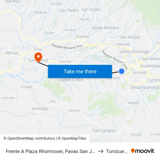 Frente A Plaza Rhormoser, Pavas San José to Turrúcares map